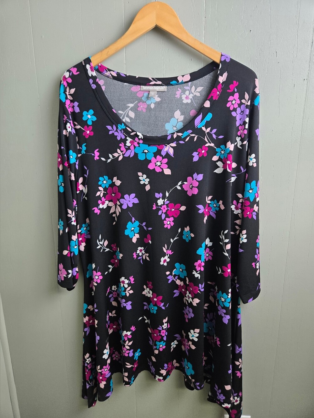 Woman Within Tunic Shirt Womens 1X Black Floral Scoop Neck 3/4 Sleeve